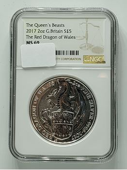 Picture of Queens Beast Red Dragon of Wales Certified NGC MS69 2017 Silver 2 oz 